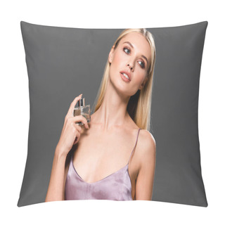 Personality  Elegant Blonde Woman With Perfume Looking Away  Isolated On Grey Pillow Covers