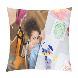 Personality  Overhead View Of Cute African American Kid Pointing With Fingers Near Paper With Painting  Pillow Covers