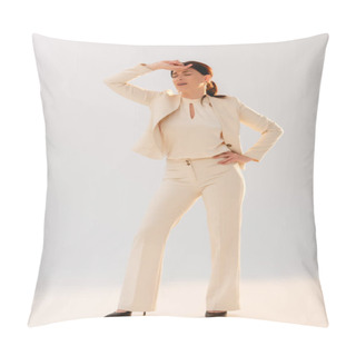 Personality  Tired Businesswoman With Hand Near Forehead On Grey Background Pillow Covers