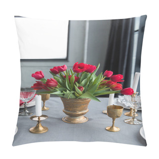 Personality  Close Up View Of Bouquet Of Red Tulips On Tabletop With Arranged Vintage Cutlery And Candles Pillow Covers