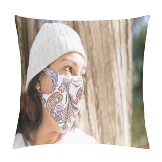 Personality  Close Up Portrait Of Woman With A Face Mask Outdoors. Selective Focus. Pillow Covers
