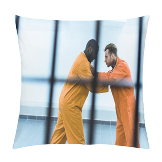 Personality  Side View Of Multiethnic Prisoners Fighting Behind Prison Bars Pillow Covers