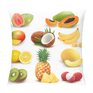Personality  Collection Of Exotic Fruit And Berries. Papaya, Guava, Limon, Banana, Mango, Coconut, Kiwi, Guava, Melon, Lychee, Pineapple. Vector Set. Pillow Covers
