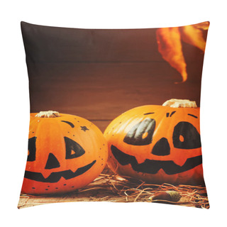Personality  Halloween Festive Composition With Smiling Pumpkins Guards, Lantern, Straw And Fallen Leaves On Dark Wooden Background, Rustic Style, Selective Focus Pillow Covers