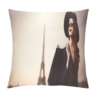 Personality  Style Redhead  Woman With Sunglasses And Shopping Bags. Pillow Covers