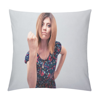 Personality  Angry Young Woman Showing Fist  Pillow Covers