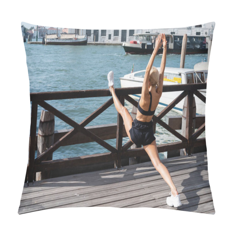 Personality  Back View Of Blonde Woman In White Sneakers, Black Crop Top And Shorts Training On Pier In Venice  Pillow Covers