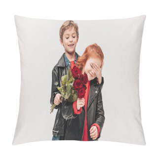 Personality  Happy Boy Presenting Roses Bouquet To His Little Girlfriend Isolated On Grey Pillow Covers