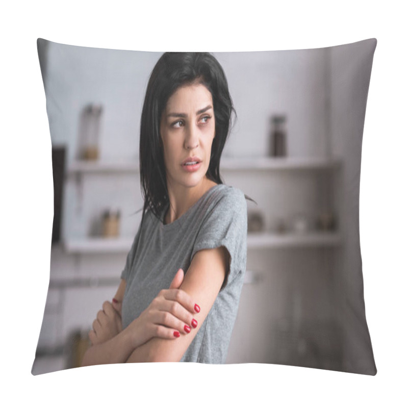Personality  Sad Woman Touching Bruise On Hand And Looking Away, Domestic Violence Concept  Pillow Covers