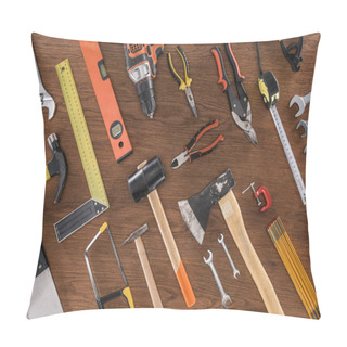 Personality  Top View Of Arranged Various Tools On Wooden Table Pillow Covers