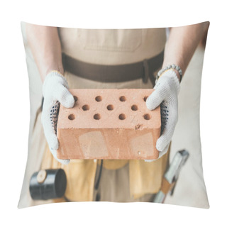 Personality  Cropped Image Of Builder In Protective Gloves Holding Brick  Pillow Covers