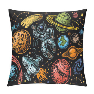 Personality  Space With Planets, Comets, Constellations And Stars, Spaceship And Astronaut. Astronomy, Colorful Night Sky Concept Pillow Covers