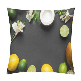 Personality  Top View Of Ripe Tropical Fruits With Alstroemeria Flowers On Black Background With Copy Space Pillow Covers