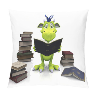 Personality  A Cute Friendly Cartoon Monster Reading A Book That He Is Holding In His Hands. Several Piles Of Books Are On The Floor Around Him. The Monster Is Green With Bl Pillow Covers