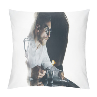 Personality  Portrait Of Stylish Bearded Lawyer Wearing Glasses And Looking City. Double Exposure, Businessman Working Laptop At Night, Texting Smartphone Background. Isolated White. Horizontal Pillow Covers