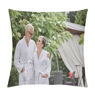 Personality  Cheerful Mature Man With Tattoo Hugging Wife In Sunglasses And Robe, Summer Garden, Wellness Retreat Pillow Covers