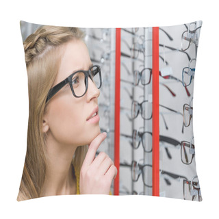 Personality  Young Beautiful Thoughtful Girl Choosing Eyeglasses In Optics Pillow Covers