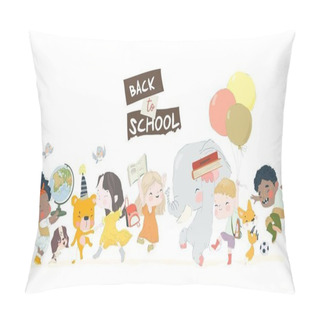 Personality  Cartoon Happy Children And Animals Enjoying Back To School. Vector Illustration. Pillow Covers
