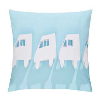 Personality  Panoramic Shot Of Miniature White Trucks On Blue Background Pillow Covers