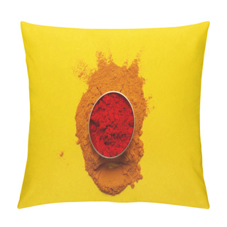 Personality  During A Hindu Puja, A Small Brass Bowl With Auspicious Red Sindoor Or Kumkum Is Placed Over Turmeric On A Yellow Background. Pillow Covers