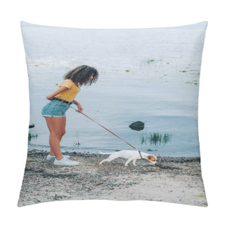 Personality  Curly Woman In Summer Outfit Walking With Jack Russell Terrier Dog On Leash Near Lake Pillow Covers