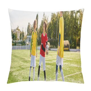 Personality  A Group Of Youthful Men Exuberantly Stand Atop A Soccer Field, Celebrating Their Victory. The Grass Beneath Their Feet, The Sunlight Casting Elongated Shadows, And Their Energy All Capture A Moment Of Pure Joy And Achievement. Pillow Covers