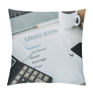 Personality  Selective Focus Of Smartphone, Cup With Coffee, Calculator, Laptop And Credit Score  Pillow Covers