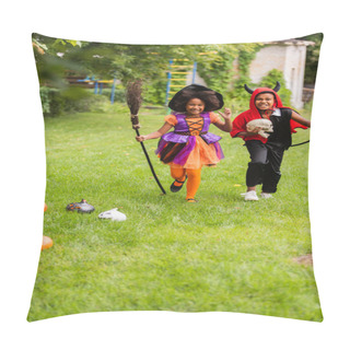 Personality  Happy African American Children In Halloween Costumes Holding Brooms And Running On Lawn  Pillow Covers