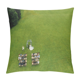 Personality  Top View Of The Wedding Ceremony In A Green Field With Guests Sitting On Chairs. Wedding Venue On The Green Lawn Pillow Covers