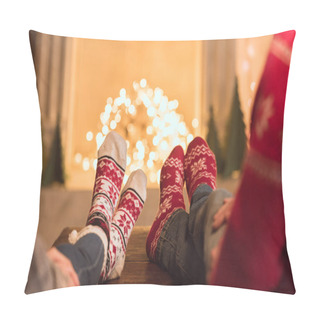 Personality  Couple In Knitted Socks Near Fireplace Pillow Covers
