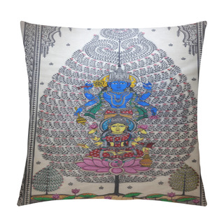 Personality  New Delhi, India - November 18 2023: Handmade Lord Vishnu And Goddess Laxmi On Wooden Canvas With Shite Background Pillow Covers