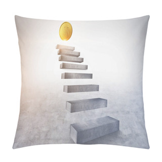 Personality  Concrete Stairs Going Up With A Shining Dollar Coin On The Top. Concept Of Financial Success And Business Goals. 3d Rendering Copy Space Pillow Covers