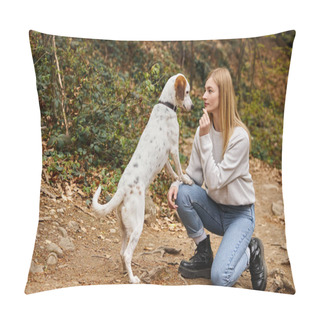Personality  Cheerful Woman Training Her Pet Dog While Having Backpacking Trip With Companion Pillow Covers