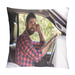 Personality  Smiling Bearded Man Driving Pickup Truck In Forest Pillow Covers