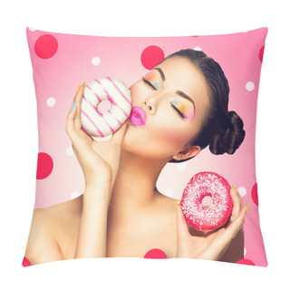Personality  Woman Holding Colorful Donuts Pillow Covers