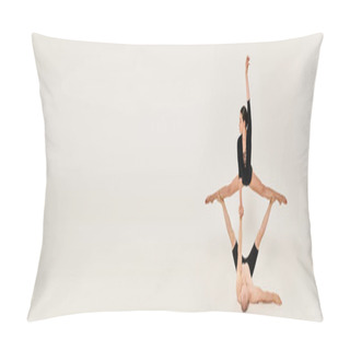 Personality  A Shirtless Young Man And A Dancing Young Woman Performing Acrobatic Elements While Standing In Mid-air Against A White Background. Pillow Covers