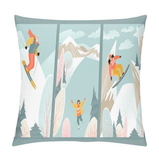 Personality Illustrations Of Winter Activities With Characters Skiing, Skating And Snowboarding Against The Backdrop Of A Mountain Landscape. Lifestyle Images Pillow Covers