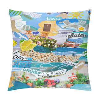 Personality  Summer Season Atmosphere Mood Board Collage In Color Blue,green And Yellow   Made Of  Teared Magazine And Printed Matter Paper With Flowers, Beach, Sea, Terrace,letters, Signs,colors And Textures Pillow Covers