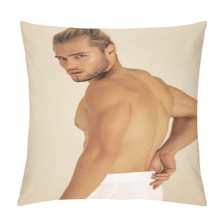 Personality  Sexy Sport Muscle Strongface Blond Guy With Long Hair In White Underwear On White Isolated  Font Background Pillow Covers