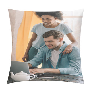 Personality  Multiracial Boyfriend And Girlfriend Looking At Laptop By The Table Pillow Covers