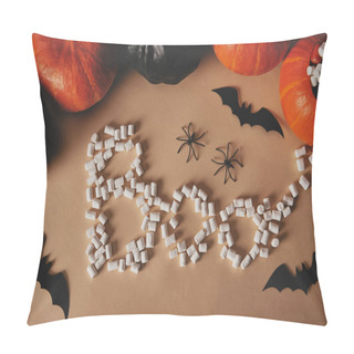 Personality  High Angle View Of Halloween Pumpkins With Paper Bats And Word Boo Made Of Marshmallows On Beige Table Pillow Covers