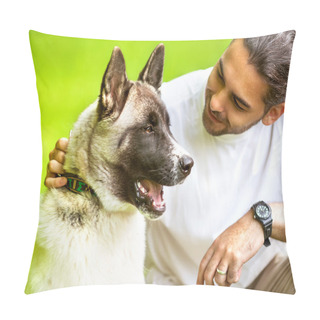 Personality  Man And Akita Inu Dog Walk In The Park. Pillow Covers