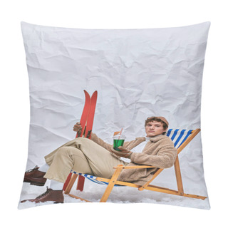 Personality  Trendy Man In Warm Outfit Sitting In Deck Chair With Hot Toddy Cocktail And Drink In Snowy Studio Pillow Covers