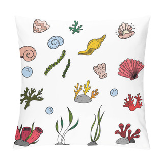 Personality  Color Vector Elements Set, Black And White Drawing Of A Marine Inhabitant, Doodle Coloring, Cute Seaweed And Corals Pillow Covers