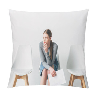 Personality  Thoughtful Woman Holding Resume While Sitting On Chair In Office  Pillow Covers