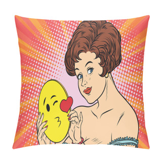 Personality  Beautiful Woman With Mask Emoji Kiss Of Love Pillow Covers