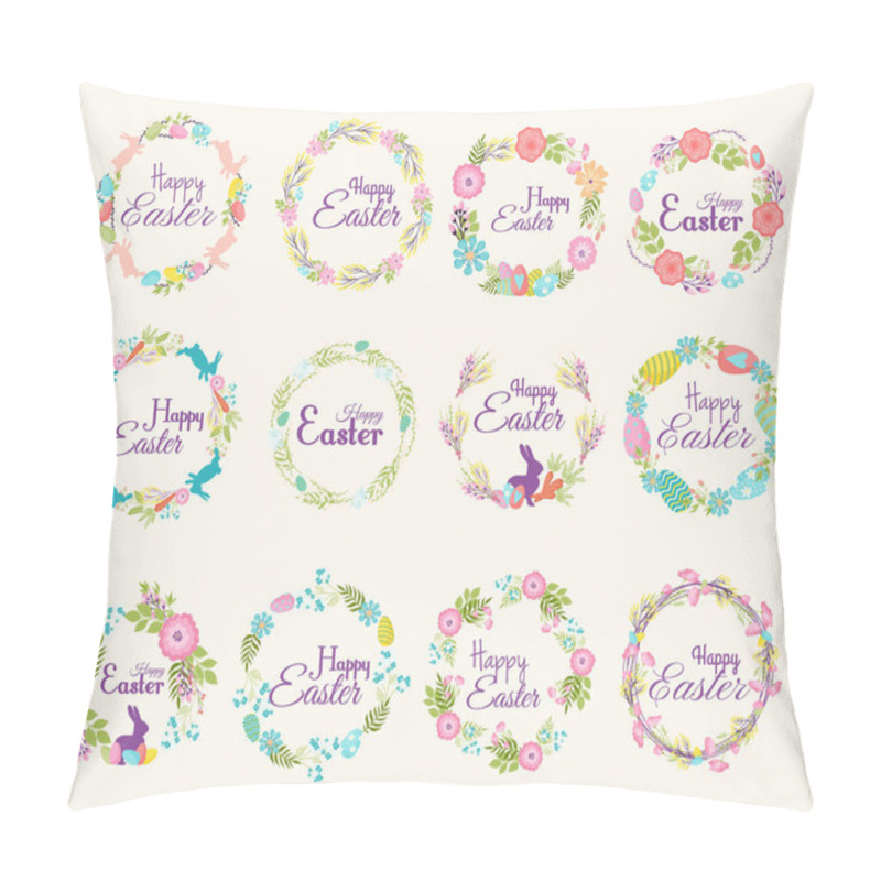 Personality  Happy Easter logo quote text flower branch and springtime illustration traditional decoration elements hand-drawn badge lettering greeting Easter celebrate card and natural wreath spring flower pillow covers
