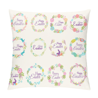 Personality  Happy Easter Logo Quote Text Flower Branch And Springtime Illustration Traditional Decoration Elements Hand-drawn Badge Lettering Greeting Easter Celebrate Card And Natural Wreath Spring Flower Pillow Covers