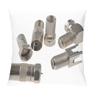 Personality  A Selection Of F-type Connectors For Satellite And TV Installations, Isolated On White Pillow Covers