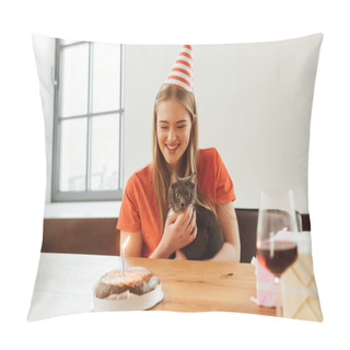 Personality  Selective Focus Of Happy Girl In Party Cap Looking At Birthday Cake And Holding In Arms Cat  Pillow Covers